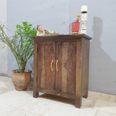 Indian Antique Tribal Hand Carved Wooden Cabinet Honey Color